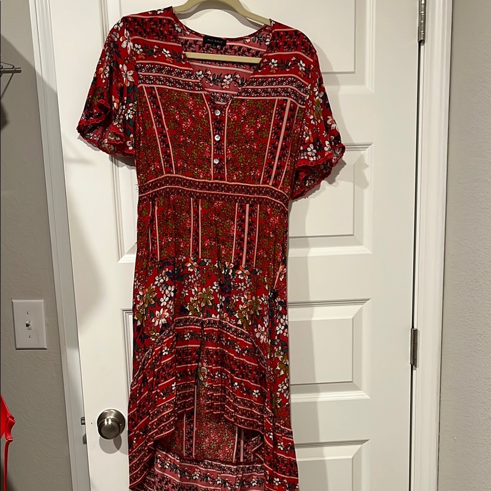 Red and White Asymmetrical Sundress with Flutter Sleeves